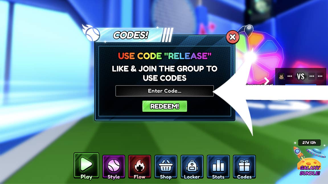 An arrow pointing at the codes menu in the Roblox game Tennis Zero.