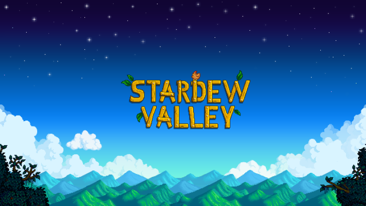 Stardew Valley logo against pastoral scene with crops and cabin.