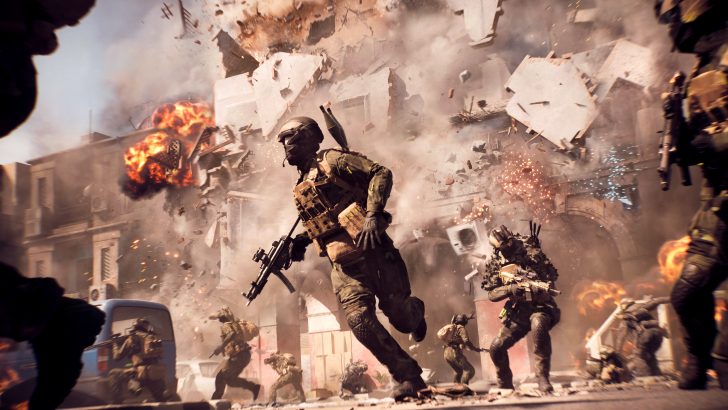 Soldiers in an intense battle scene with explosions and debris in a city environment.