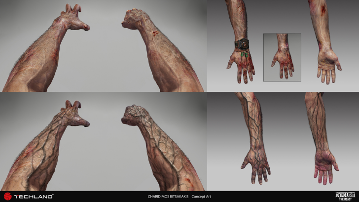 Concept art for 'Dying Light The Beast' featuring mutated wildlife and detailed character arms.