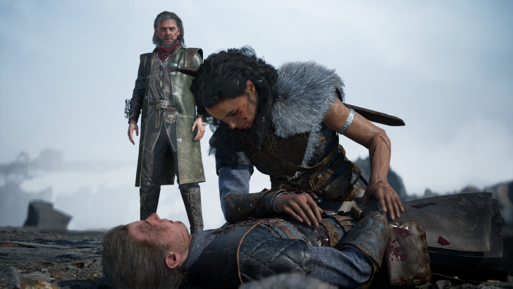 Fantasy scene: Character kneels beside fallen warrior; another stands observing dramatically.