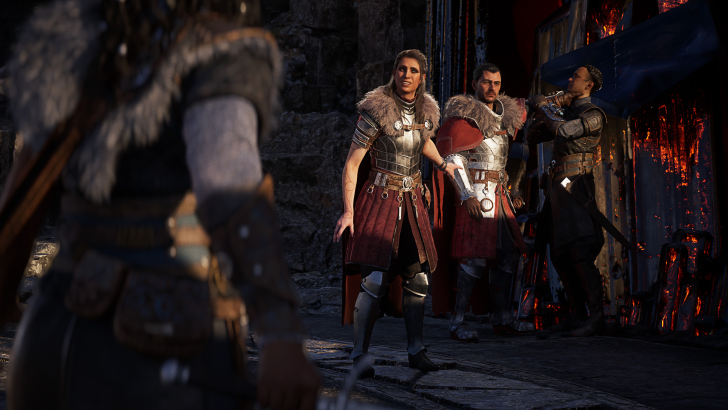 Medieval warriors facing each other in intense discussion, with molten background.