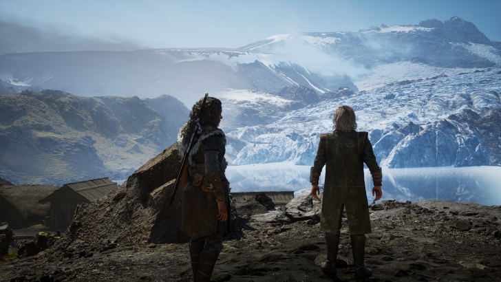 Two characters overlooking a snowy mountain landscape by a lake.