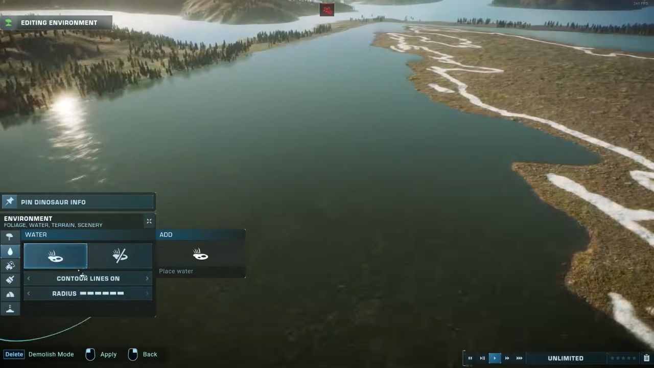 Jurassic World Evolution 2 gameplay screenshot showcasing island creation