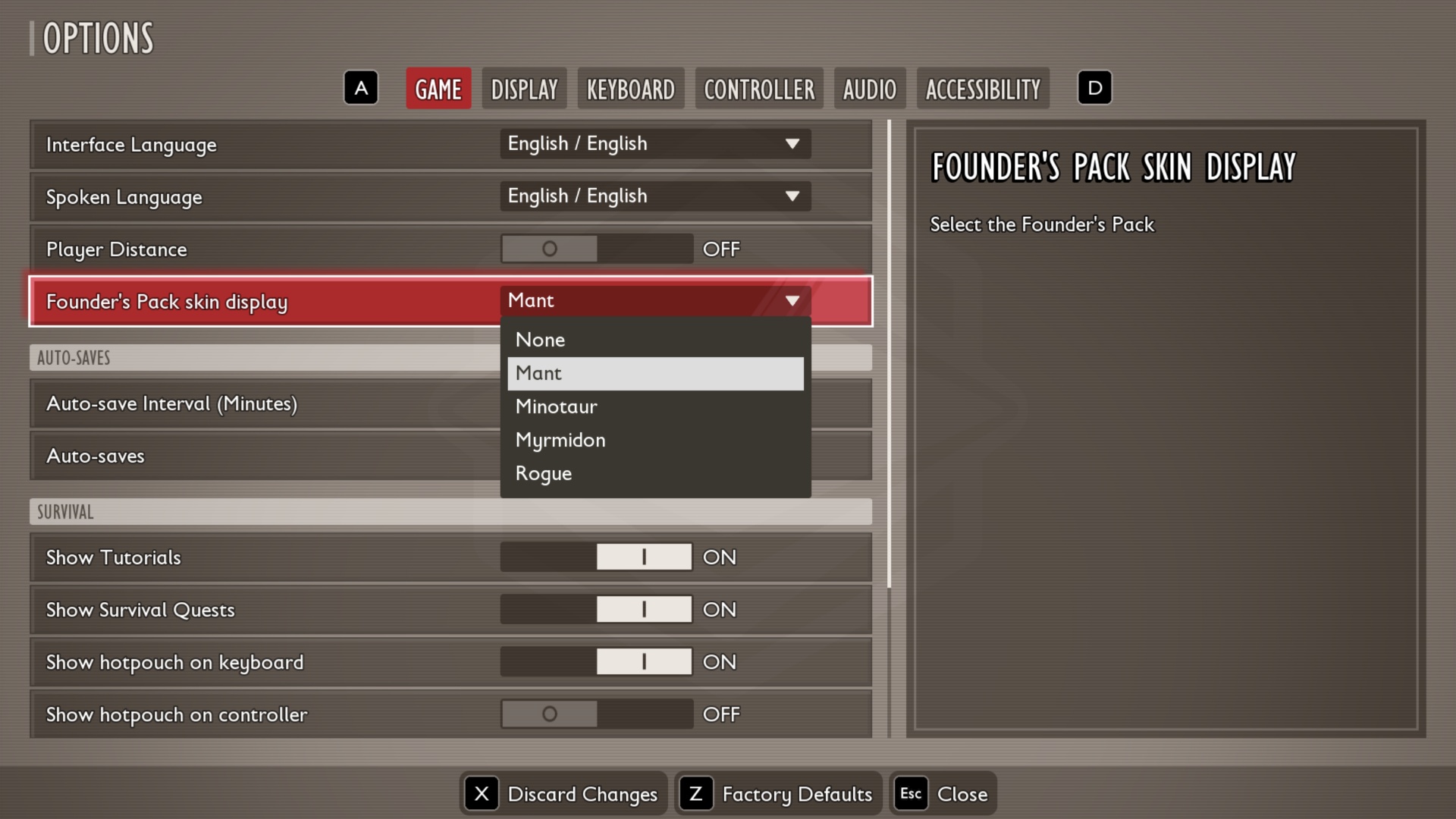 Selection menu for cosmetic options