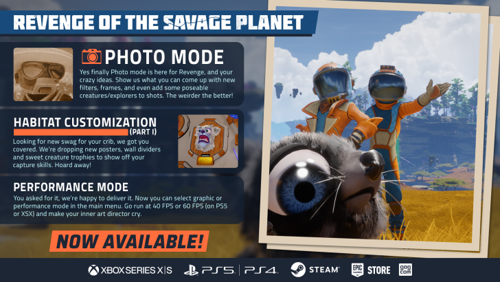 Revenge of the Savage Planet: Photo mode and customization now available on consoles.