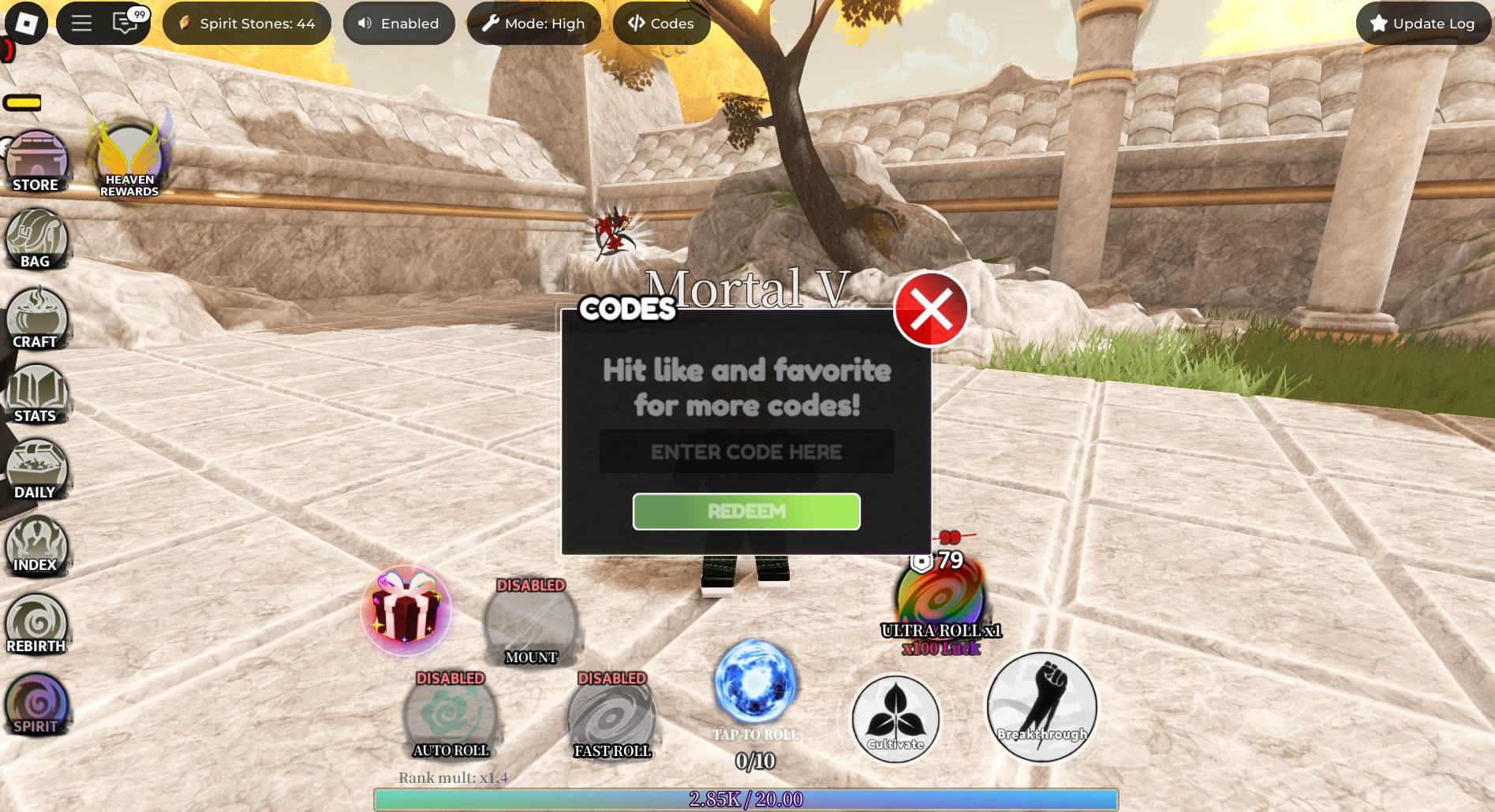 Game interface demonstrating code redemption process