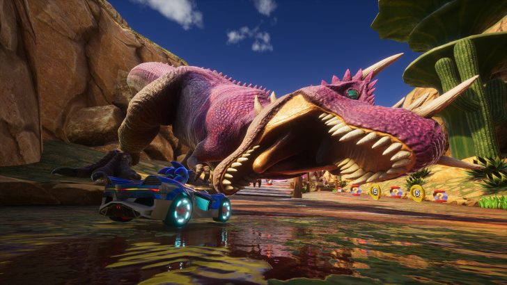 Futuristic blue race car near giant purple dinosaur in desert canyon. Video game scene.