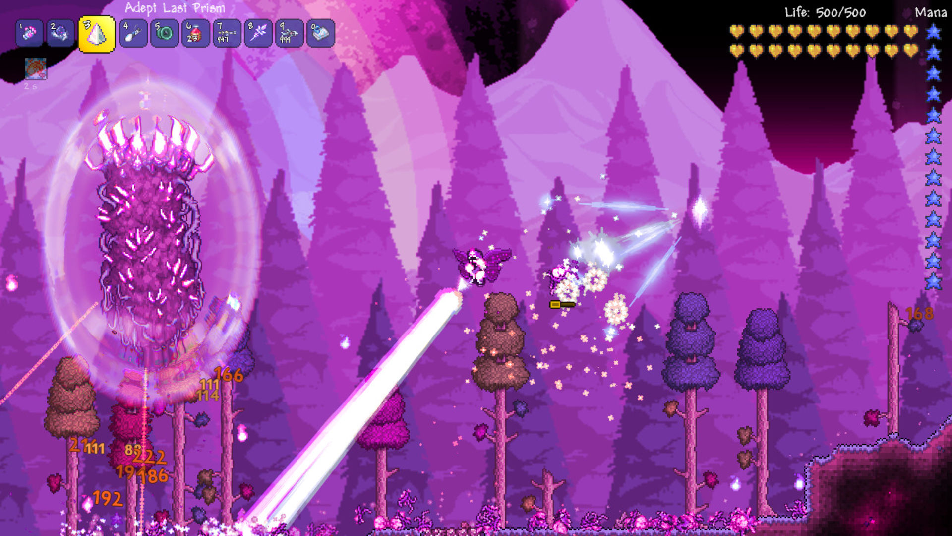 A screenshot of a player in battle wearing Terraria armour