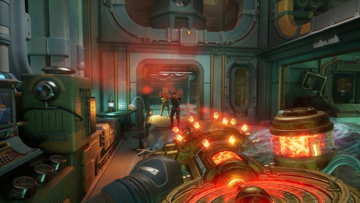 Futuristic lab with glowing weapon, two figures aiming, sci-fi atmosphere, vibrant technology.