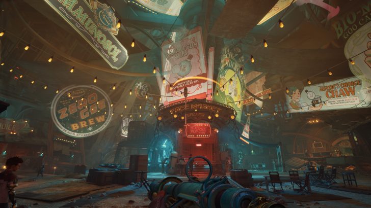 Futuristic market bazaar with neon lights and eclectic signs, creating a vibrant, bustling atmosphere.
