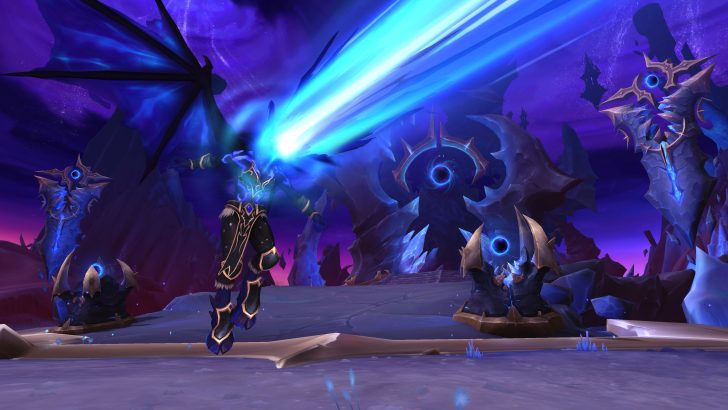 Spellcaster in ethereal domain summoning azure energy.