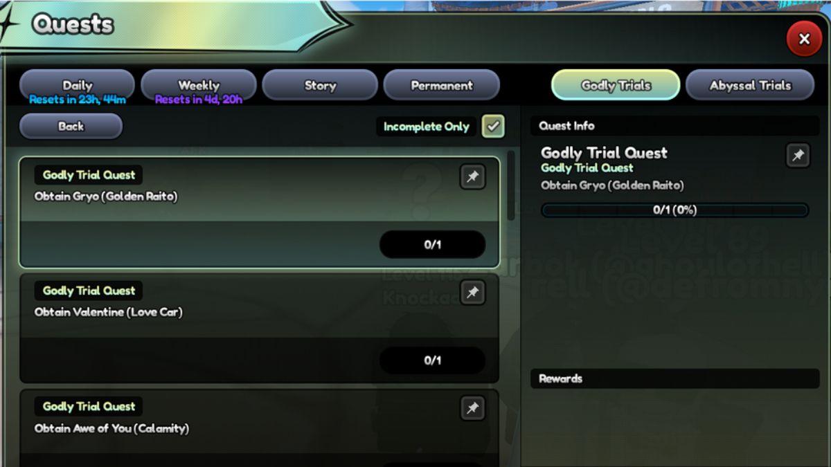 Godly Trial Quests in Anime Last Stand
