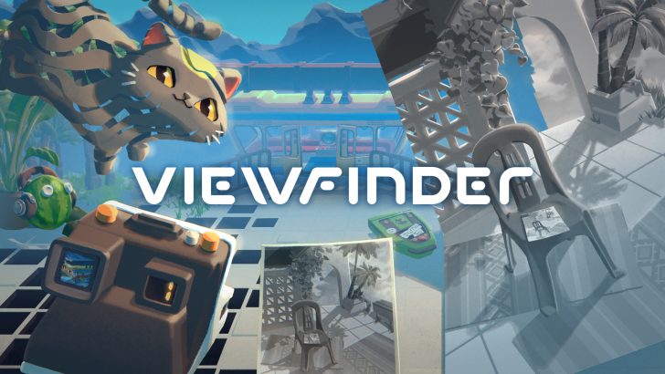 Viewfinder's optical illusion featuring cat companion and floating platforms.