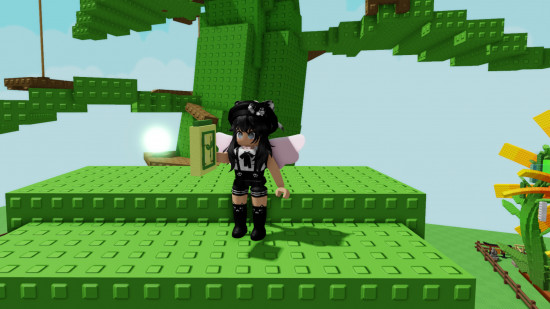 A screenshot of my player character standing on the Grow a Garden Beanstalk tree holding an event seed pack in front of one of the reward orbs