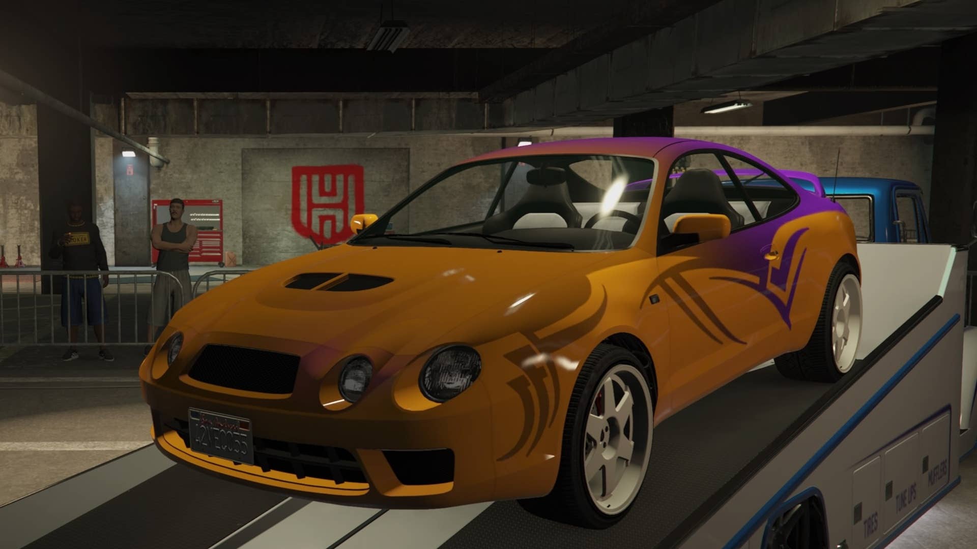 gta online orange and purple karin calico gtf on slam van in ls car meet