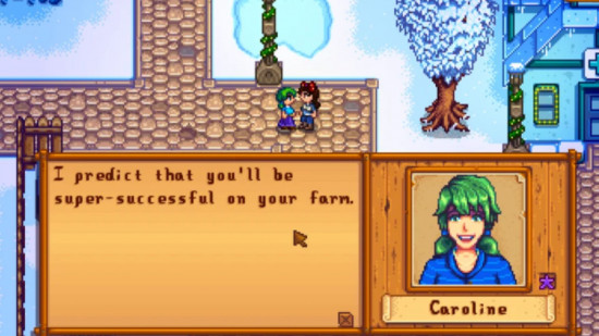 stardew valley caroline interacting with player to tell them how well they're doing during the winter season