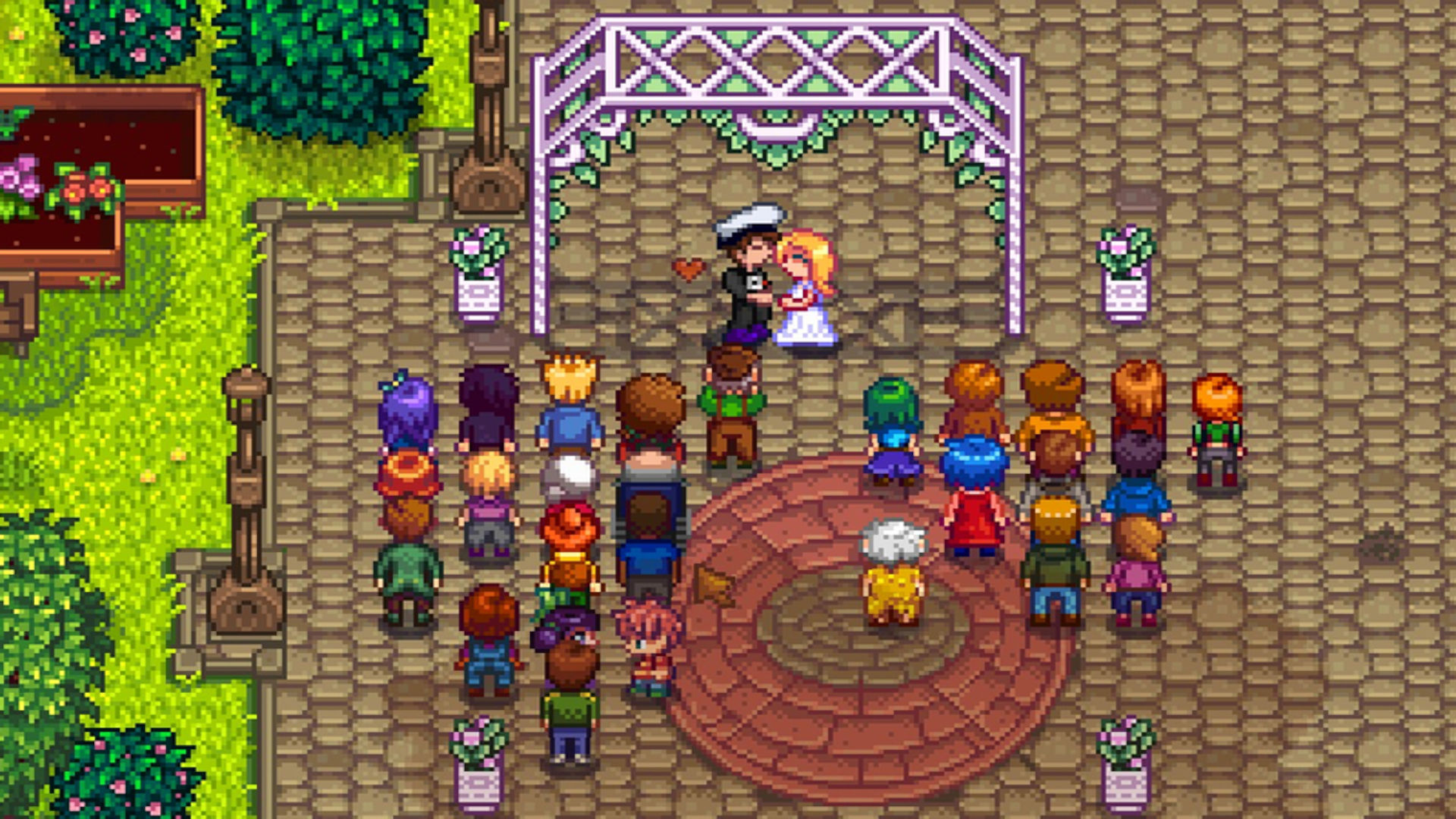 A wedding between a player and NPC Haley, with guests stood around them as they kiss