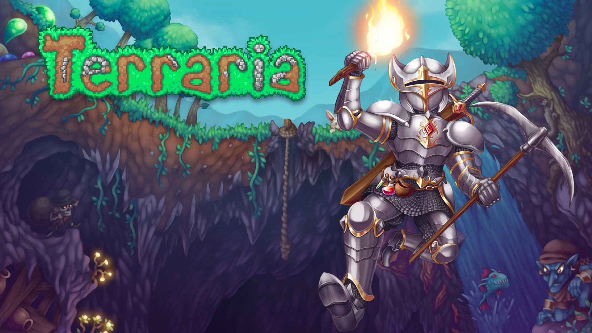 Terraria armored man - promotional image showing a knight running through a cavern
