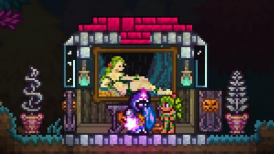 Terraria Dryad and player look at a painting of Dryad inside a house in Terraria