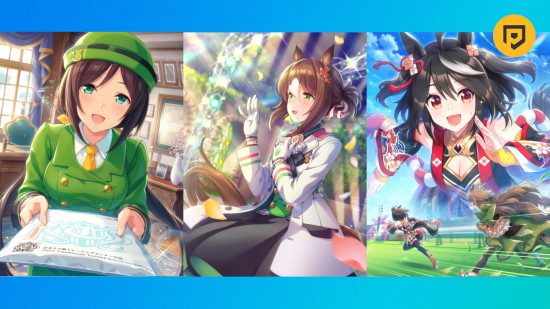 Umamusume tier list: Tazuna Hayakawa, Fine Motion, and Kitasan Black's SSR support card arts on a blue background with a PT logo in the top right corner