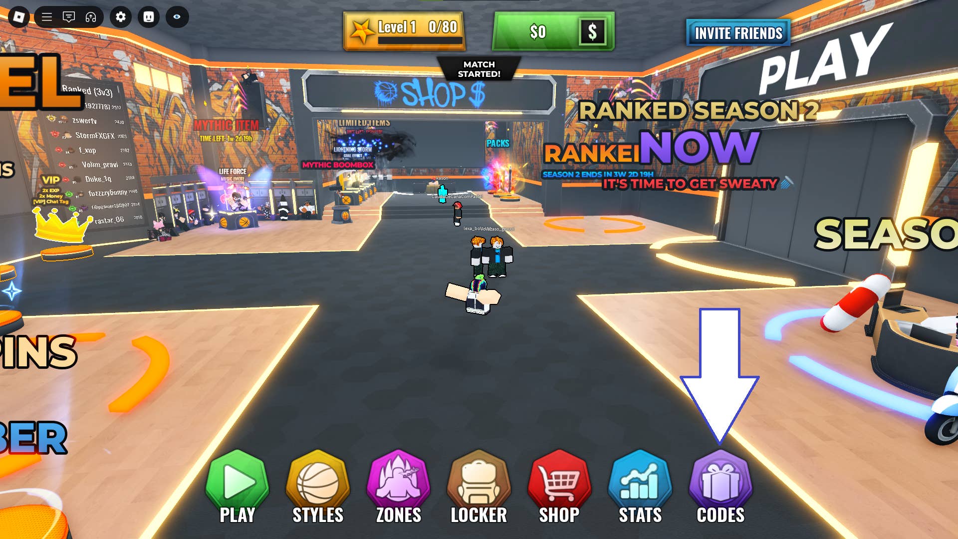 Interface showcasing code redemption button placement