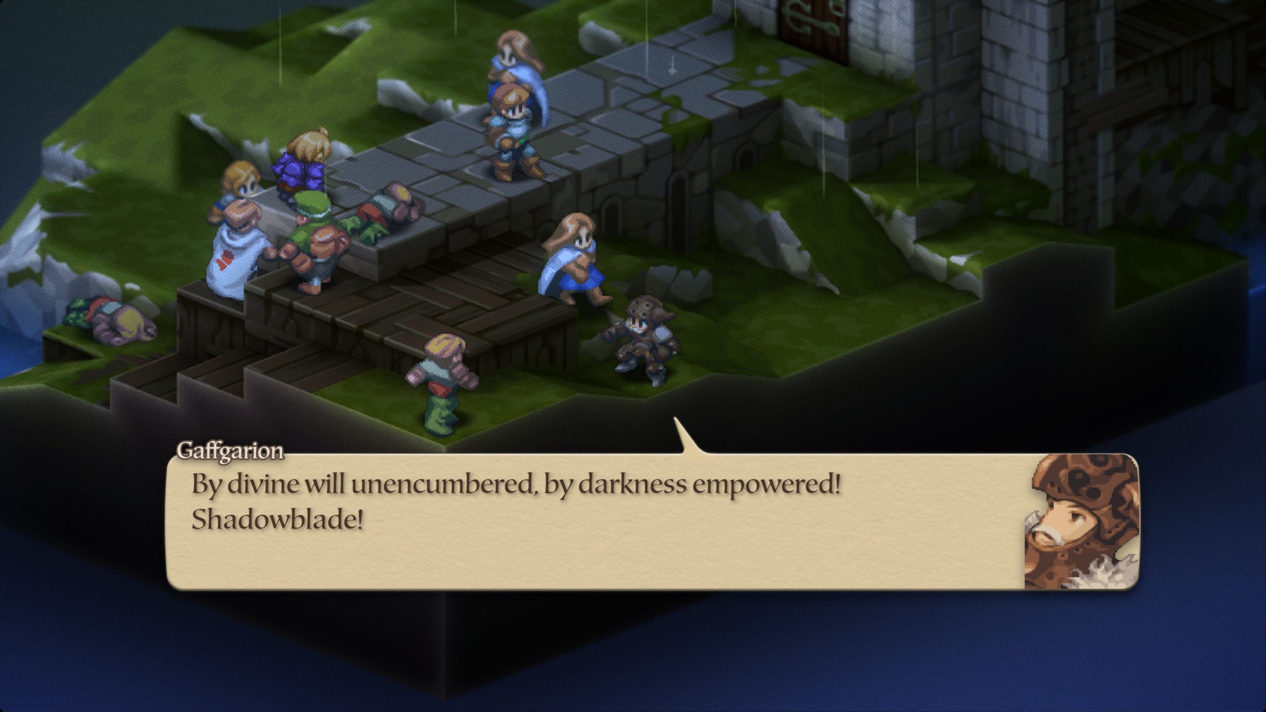 Final Fantasy Tactics screen with character Gaffgarion saying, By divine will unencumbered, by darkness empowered! Shadowblade!