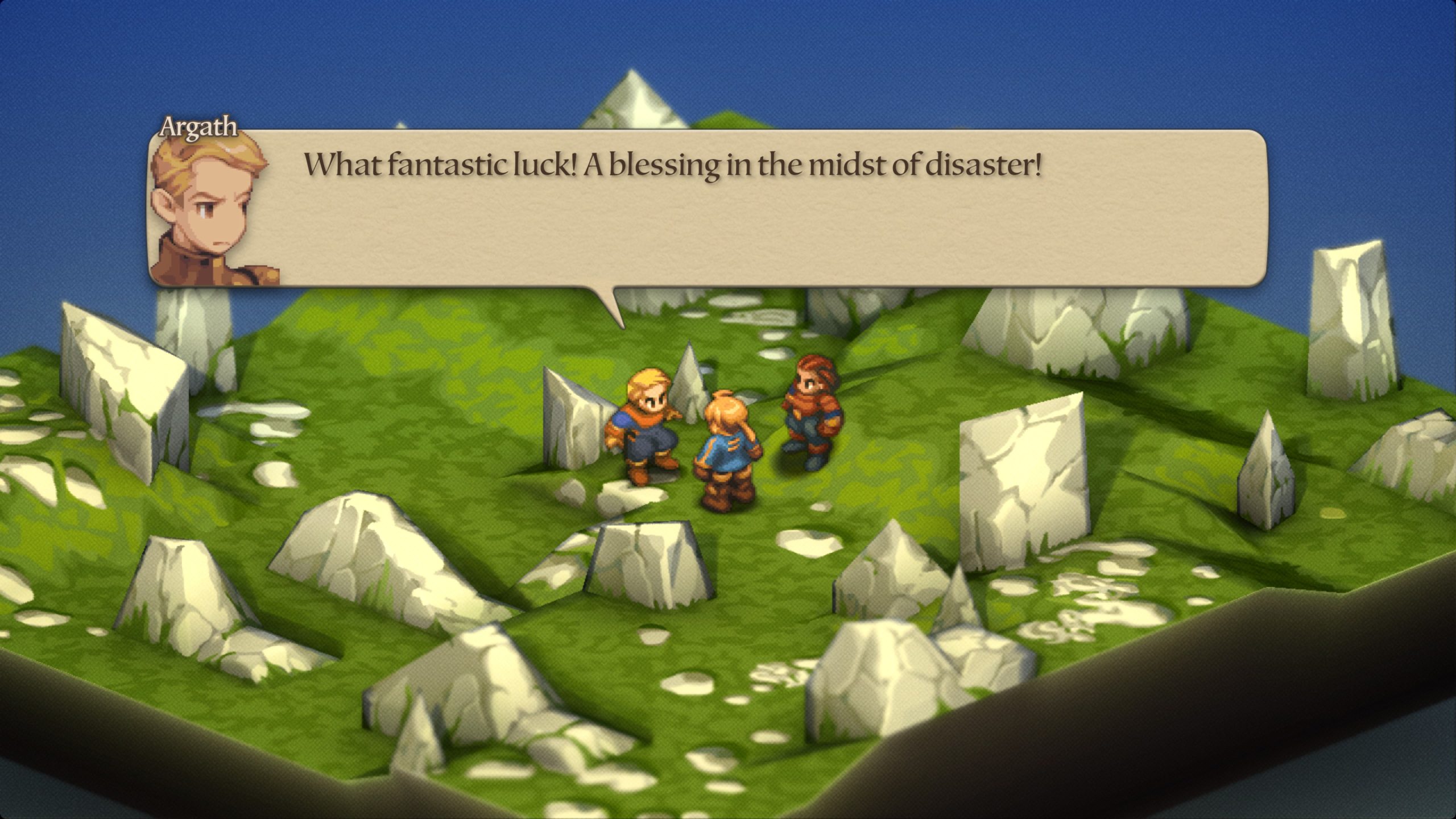 Three characters converse on a rocky terrain, with Argath saying, What fantastic luck! A blessing in the midst of disaster!