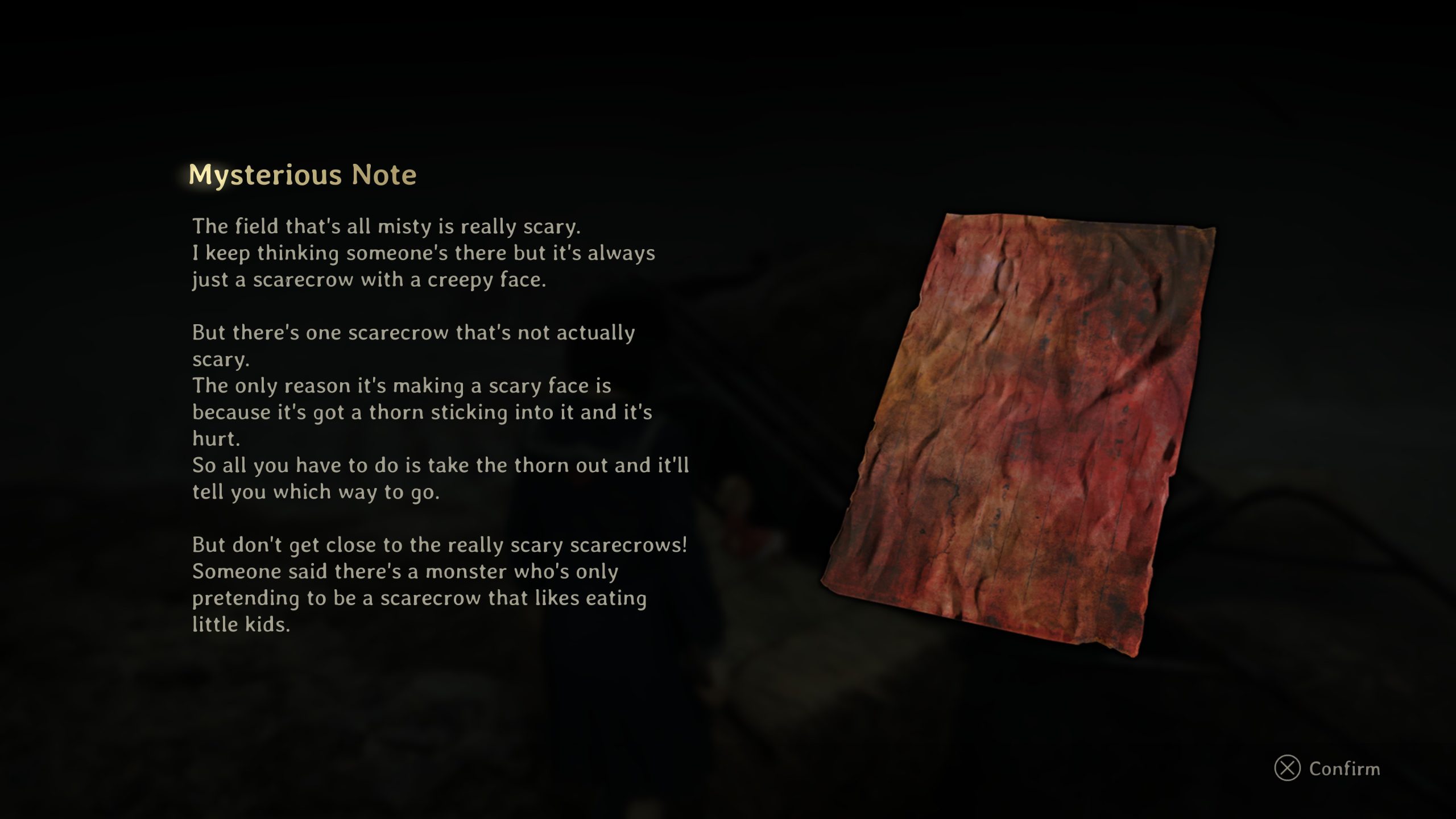 Mysterious Note on screen describing creepy scarecrows in a misty field.