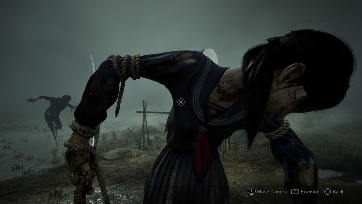 A figure in a dark, desolate landscape with Move Camera and Examine menu options on the gaming screen.