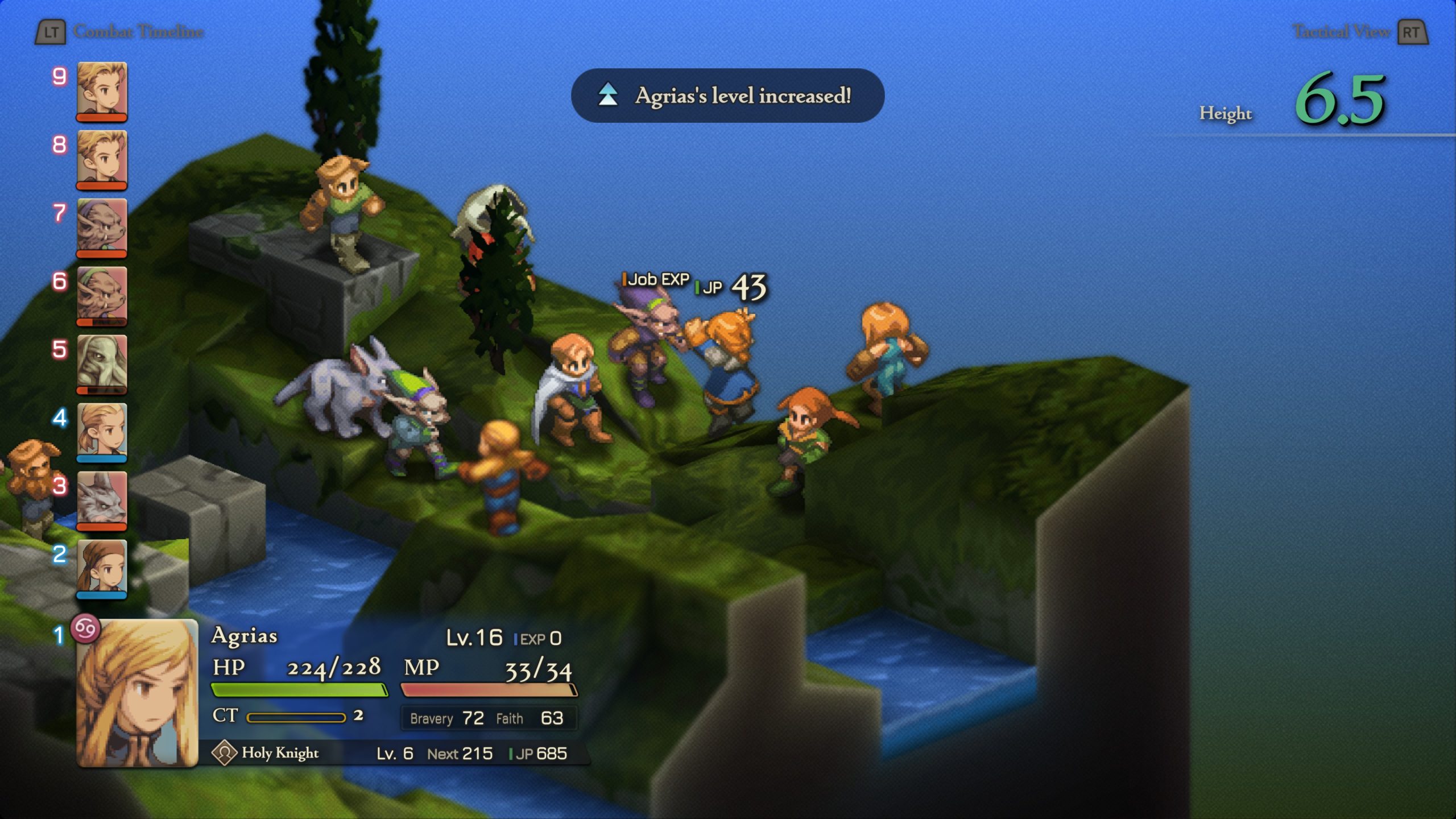 Scene from Final Fantasy Tactics showing character Agrias with on-screen text Agrias's level increased!