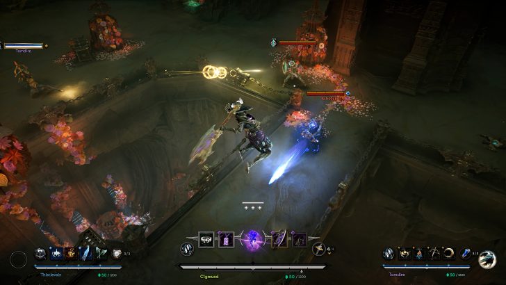 Three combatants clash in a mystical arena filled with magical effects.