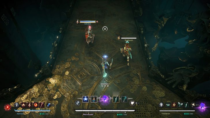 Two adventurers confront enemies in a treasure-laden corridor.