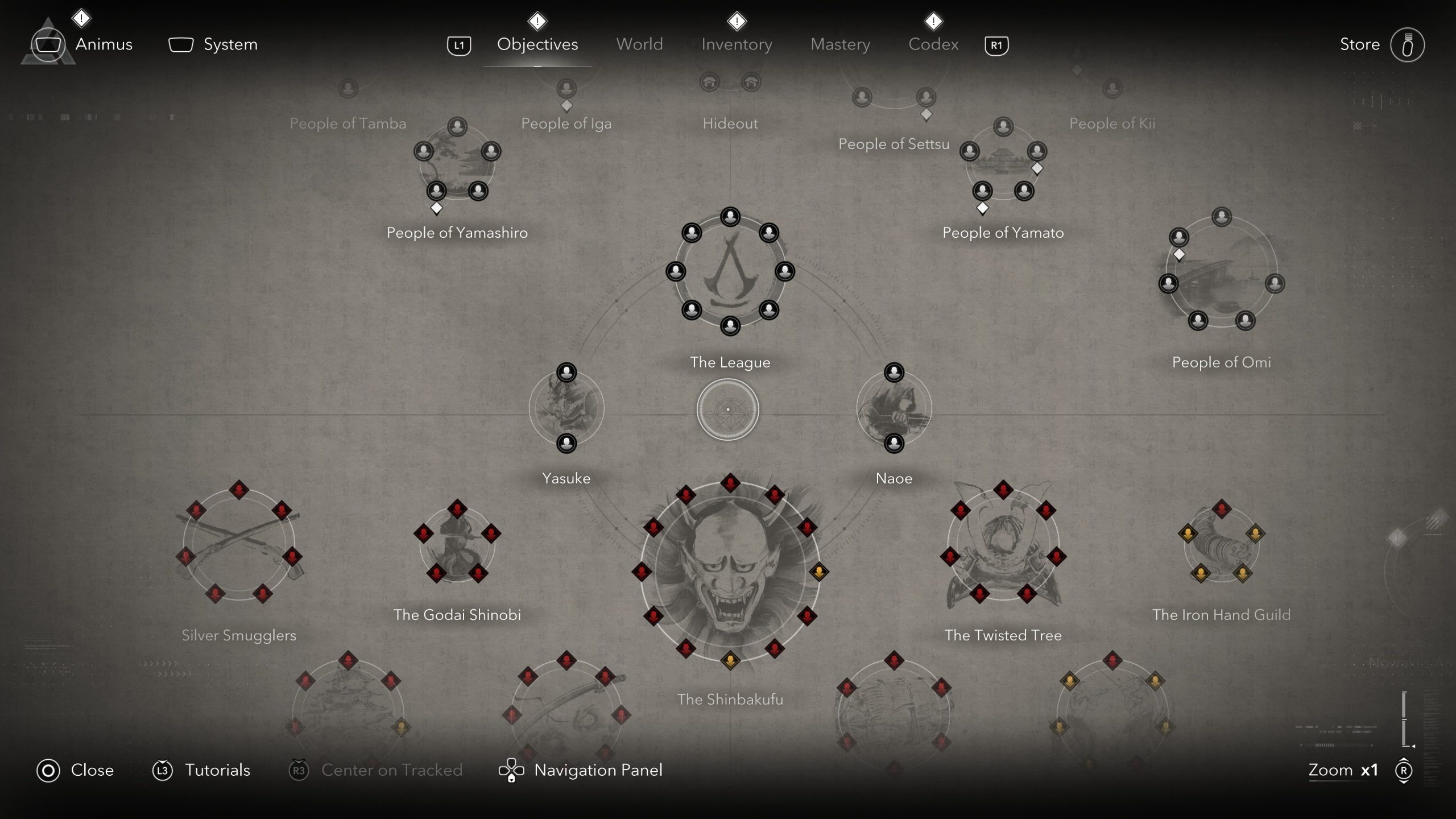 Assassin's Creed: Shadows game interface screen with text The League, The Godai Shinobi, and The Shinbakufu on a navigation panel.