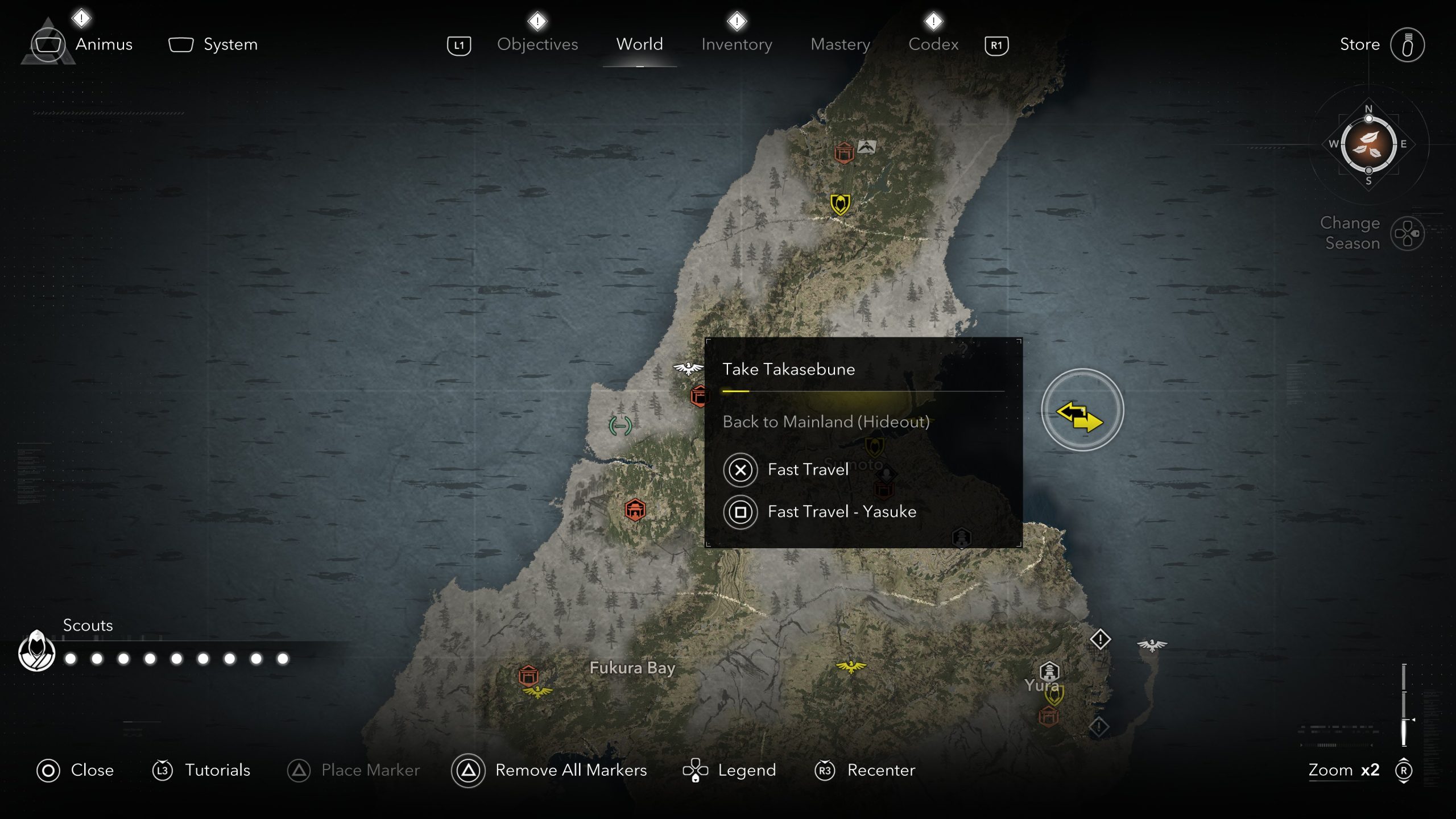 Assassin's Creed Shadows: Claws of Awaji Map screen showing “Take Takasebune” with fast travel options near Fukura Bay.