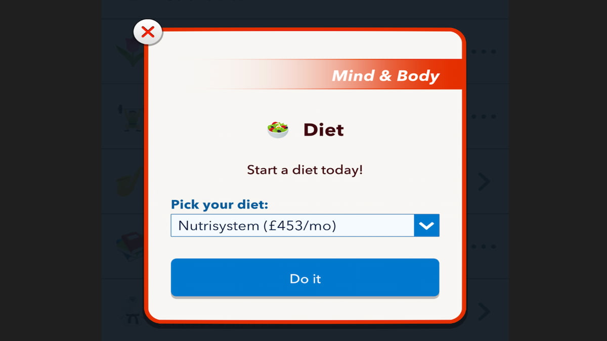 Nutrition selection screen