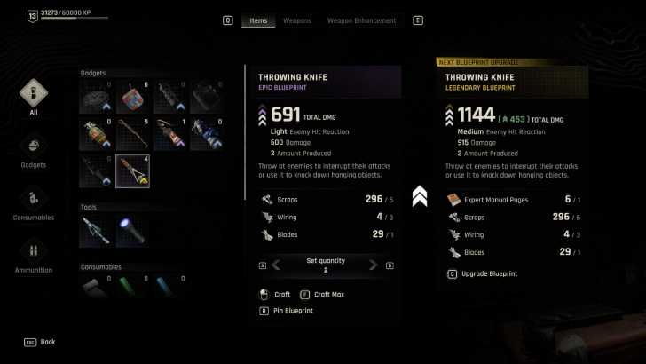 Blueprint interface displaying enhanced throwing knife stats requiring scrap metal and wiring components.