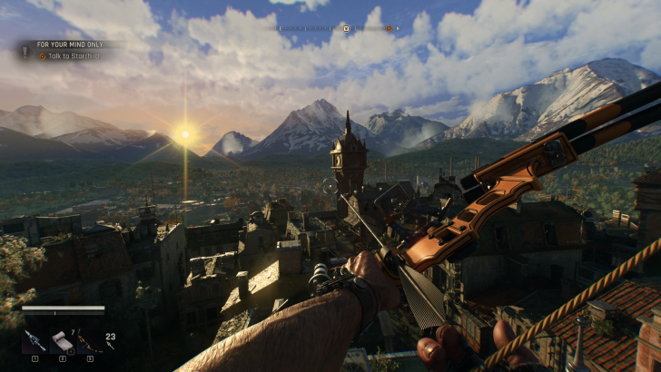 First-person perspective wielding a crossbow amid rocky terrain with on-screen prompt 'FOR YOUR MIND ONLY' and sunset backdrop.
