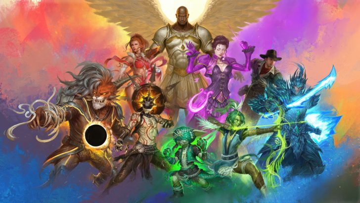 Colorful fantasy characters with unique costumes and powers on a vibrant abstract background.