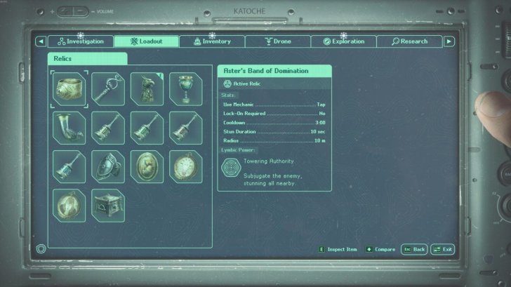 Relic interface displaying stun aura capabilities
