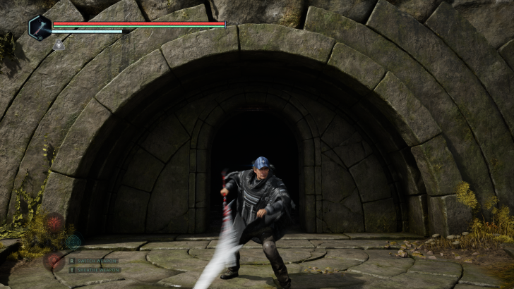 A character holding a sword in a game with the HUD displaying “switch weapon” and “sheathe weapon” text on the screen.