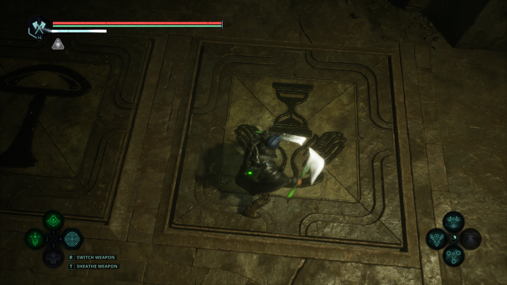 Video game scene with a character holding glowing weapons next to switch weapon and sheathe weapon instructions on the screen.