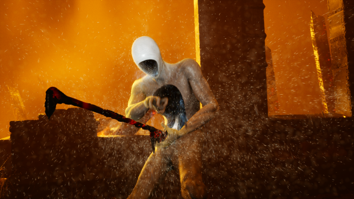 Humanoid entity wielding fiery weapon amid hellscape ruins