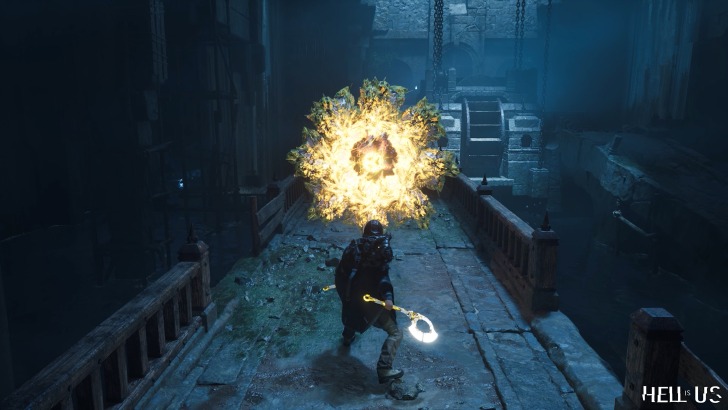 Warrior confronting explosive anomaly on ancient bridge