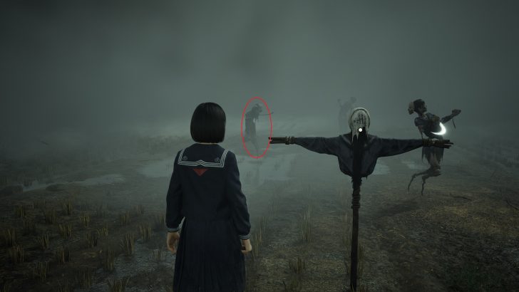 Character in a foggy field with a scarecrow pointing towards a distant figure encircled in red.