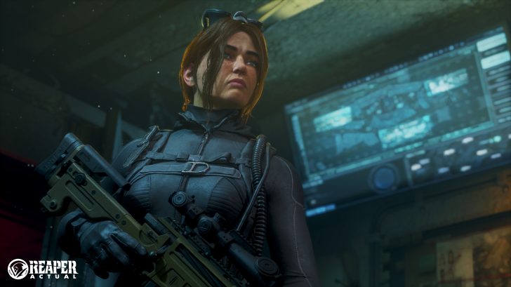 Tactical operator in a fortified control hub with REAPER ACTUAL branding.