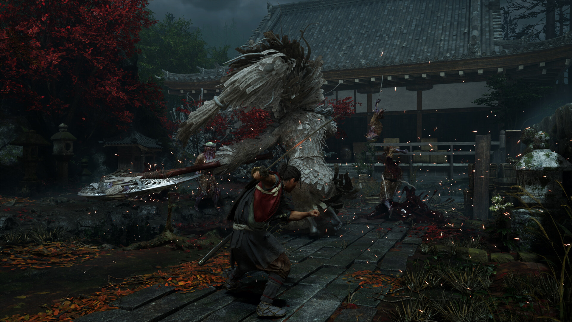 A samurai duels a towering beast amidst autumn leaves in a crumbling temple courtyard.