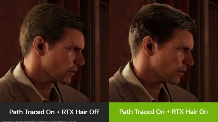 Split-screen comparison showing Path Traced On + RTX Hair Off and Path Traced On + RTX Hair On with NVIDIA RTX 5090.