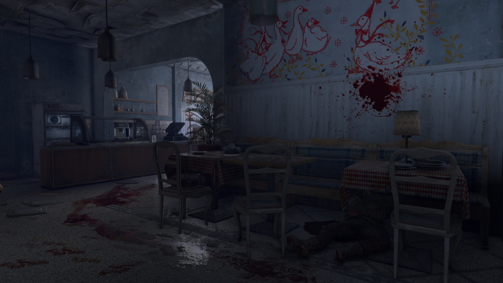 Abandoned diner interior with blood-smeared surfaces, decorative duck artwork, and disarrayed furniture.
