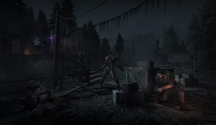 A survivor aims a firearm in shadowy woodland, surrounded by supply crates as monstrous figures advance.